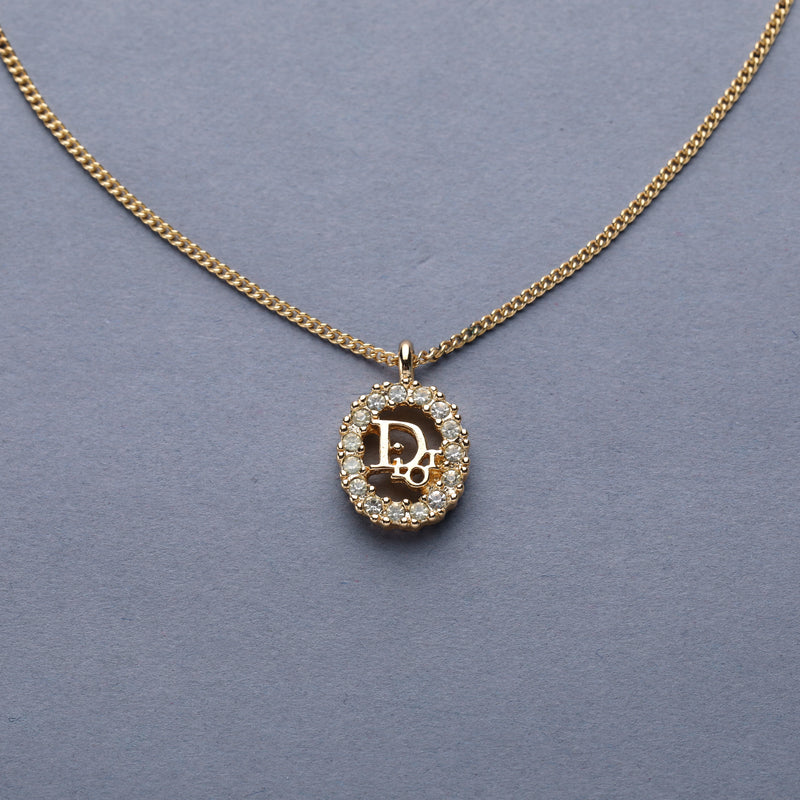 Christian Dior / Logo Rhinestone Pendant Necklace