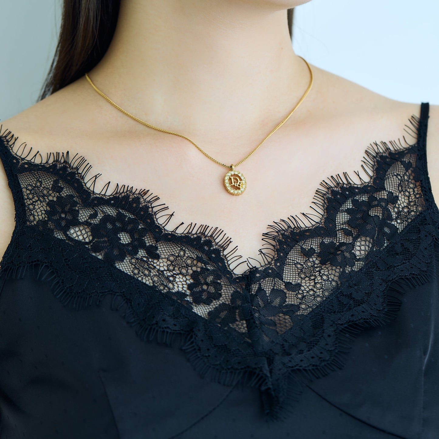 Christian Dior / Logo Rhinestone Pendant Necklace