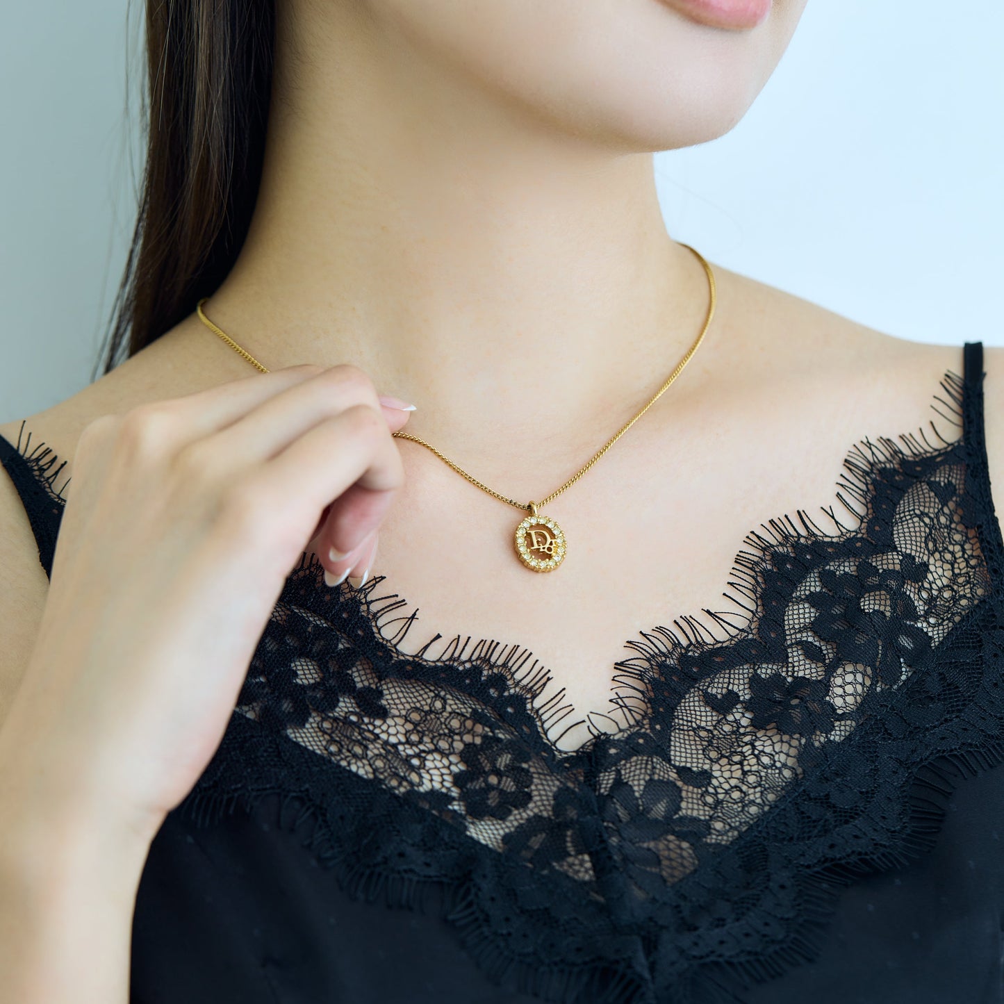 Christian Dior / Logo Rhinestone Pendant Necklace